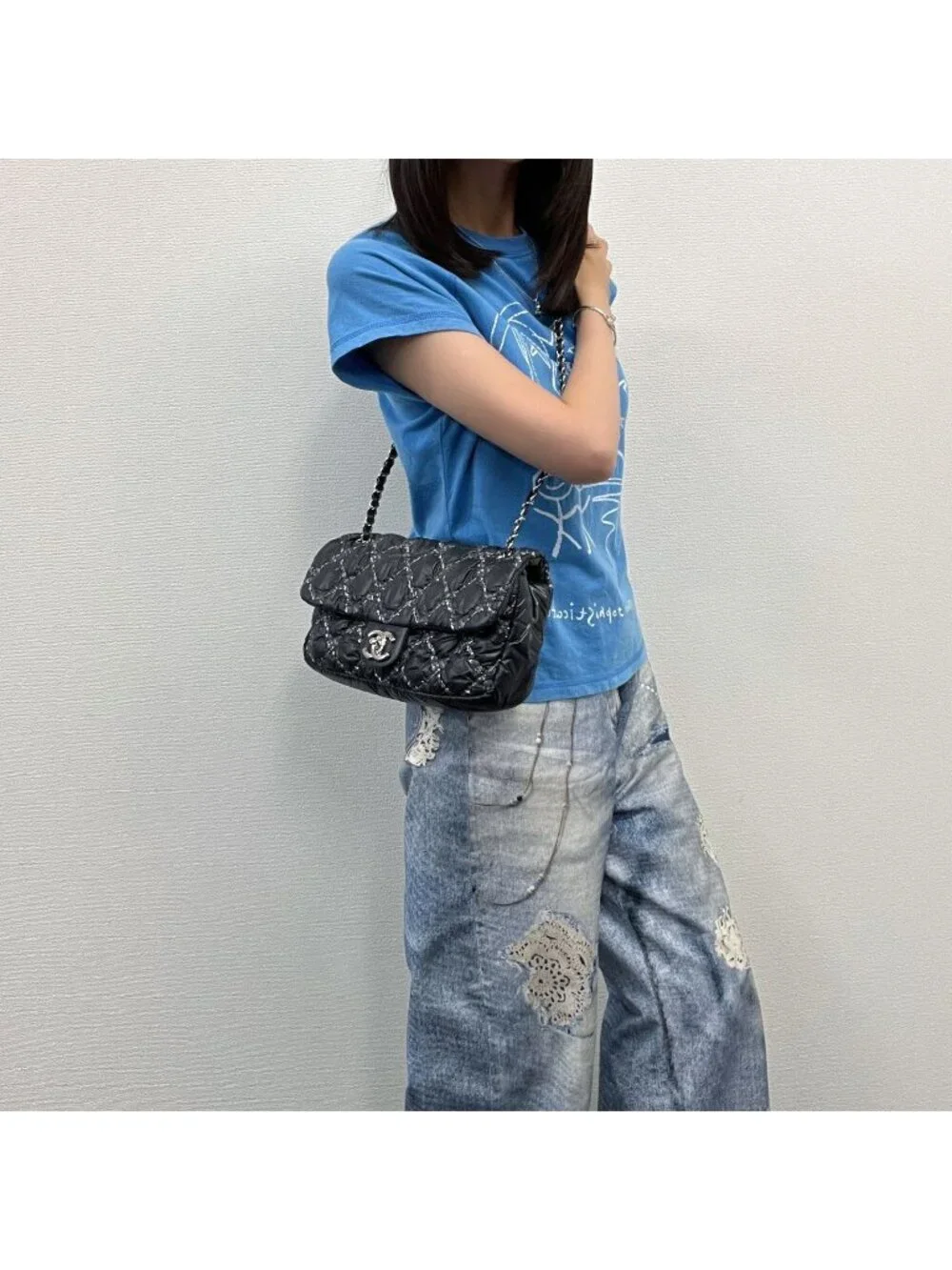 Chanel Quilted Tweed on Stitch Bubble Flap Shoulder Bag Nylon Black Silver Seal
